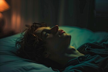 Poster - A man lies on a bed in a dimly lit room, looking up at the ceiling with a blank expression. The background is blurred, conveying a sense of emptiness and despair. Generative AI