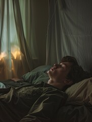 Poster - A young man lies in bed, staring blankly at the ceiling, his expression void of emotion. The soft, blurred background evokes feelings of emptiness and despair. Generative AI