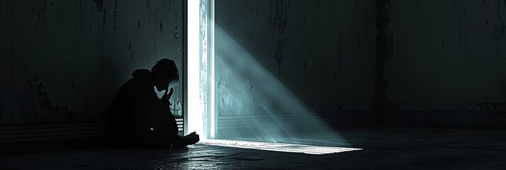 Poster - Alone in a dark room, lit by a single beam of light from a window. Face obscured by shadows, exuding isolation and sadness. Generative AI