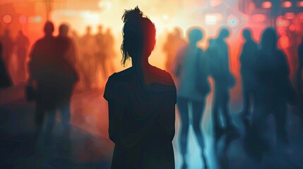 Poster - A woman stands alone in a dimly lit room, surrounded by people, but appearing disconnected and isolated. Generative AI