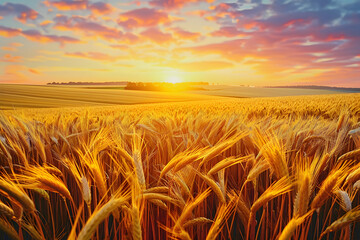 Wall Mural - A picturesque sunset over a vast field of golden wheat, with the sky painted in hues of orange and pink.