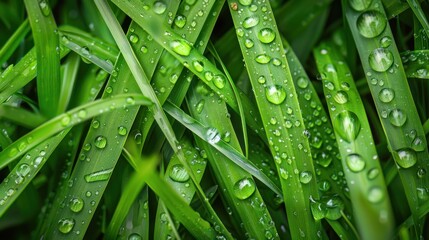 Wall Mural - Close-up of Dew-Covered Grass Blades