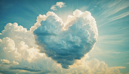 Canvas Print - fluffy cloud heart background in a bright blue sky