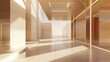 © OMD - Golden light fills a modern minimalist corridor with smooth stone walls and high ceilings.