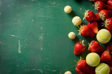 Wall Mural - Summer strawberries and tennis balls. Traditional seasonal background
