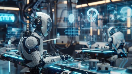 Poster - A robot is standing in a factory with other robots. The robot is white and has a red face. The factory is filled with robots and has a futuristic feel to it
