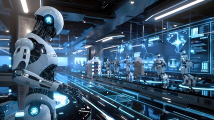 Poster - A robot is standing in a factory with other robots. The robot is white and has a red face. The factory is filled with robots and has a futuristic feel to it