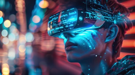 Poster - A young man wearing virtual reality goggles is looking at a cityscape. The scene is set in a neon-lit environment, with bright lights and a futuristic feel