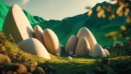 A dreamlike, cinematic keyframe features abstract 3D renderings of large, undulating rock formations set against a vibrant, emerald green background teeming with lush life