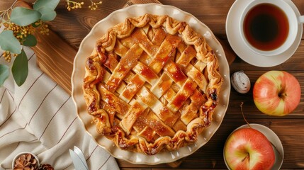 Sticker - Autumn themed apple pie topped with caramel sauce and tea fall baking idea from above