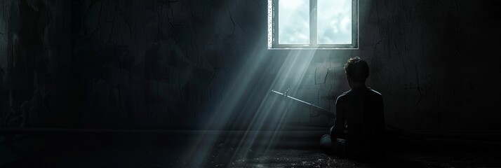Poster - Alone in a dark room, a person is lit by a single beam of sunlight. Shadows partially hide their face, evoking isolation and sadness. Generative AI