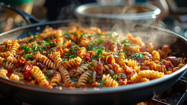 a close-up view of a sizable, sunlit skillet filled with a delicious-looking pasta dish