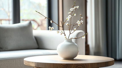 Poster - A ceramic vase with blossoming branches on a wooden table in a sunlit room