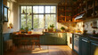 © OMD - Cozy kitchen interior bathed in sunlight, featuring well-organized wooden shelves and modern amenities.