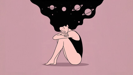 Wall Mural - Minimalist illustration of a woman sitting with her knees to her chest, her hair flowing upwards into the cosmos with planets and stars, symbolizing dreams and imagination.