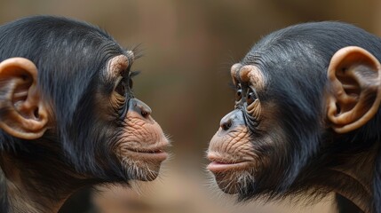 Close-up of two young chimpanzees facing each other, looking directly at the camera. The image showcases their intelligent and curious facial expressions