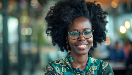 A black woman with an Afro hairstyle, wearing glasses and smiling while standing in front of her team at the office. She is dressed casually but smartly for work
