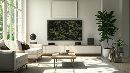 Sticker - Stylish modern living room with clerestory windows, lush green plants, and contemporary furniture.