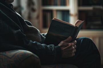 Poster - A man sits in a chair holding a book but staring into space, lost in contemplation. Soft light illuminates the room, creating a cozy and intimate atmosphere. Generative AI