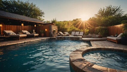 Wall Mural - image of a relaxing summer spa day with outdoor hot tubs, massages, and refreshing drinks.