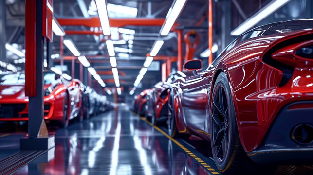 Row of red sports cars in a modern industrial automotive factory with bright lighting