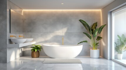 Sticker - Modern bathroom with a freestanding bathtub, elegant sinks, and lush green plants