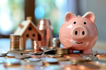 A pink piggy bank among coins and a house figure symbolizes financial planning, making it a potential abstract best-seller