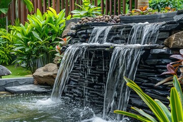 Poster - A serene garden waterfall provides a natural abstract look, perfect as a wallpaper or background, and expected to be a best-seller