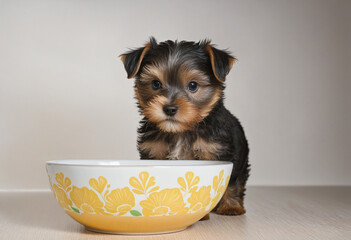 Adorable puppy enjoying a healthy meal in a white bowl on a brown background