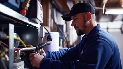 Wall Mural - Focused technician in baseball cap repairs industrial equipment in a workshop
