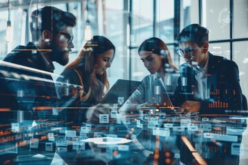 Poster - collaborative team of tech professionals engage in a brainstorming session to discuss innovative ideas for their new project in a sleek and modern office setting.