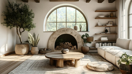 Wall Mural - Stylish living room interior with an arched window, fireplace, and modern furnishings.