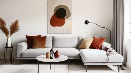 Wall Mural - Modern living room with gray sofa, contemporary artwork, and chic decor elements.