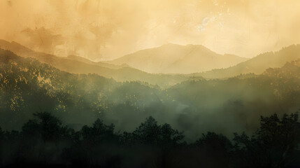 Wall Mural - A mountain range with a foggy, misty atmosphere