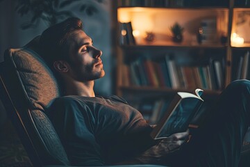 Poster - A man sits in a comfortable chair, holding a book but staring off into space, lost in thought, as soft light bathes the room. Generative AI