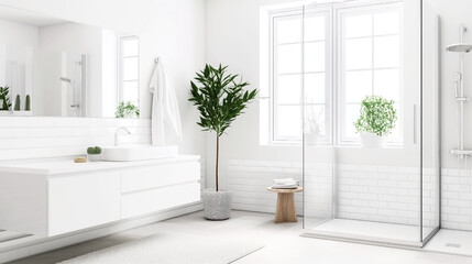 Canvas Print - Bright and modern bathroom interior with white fixtures and live plants.