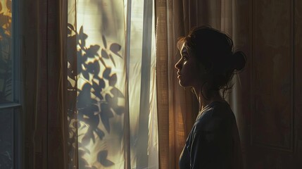 Aufkleber - A woman stands by a window, her silhouette framed against the soft, natural light filtering through the curtains. The room is dimly lit, casting shadows across her face. Generative AI