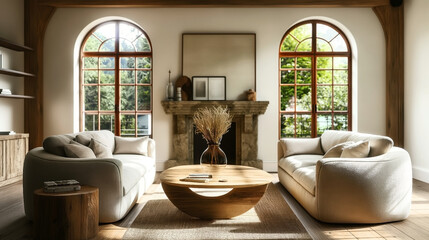 Canvas Print - Bright and stylish living room with modern decor, large arched windows, and elegant furniture.