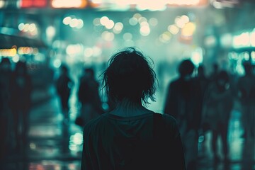 Fototapete - A lone individual stands in a crowded room, their silhouette standing out against the blurred background, highlighting their isolation amidst the bustling crowd. Generative AI