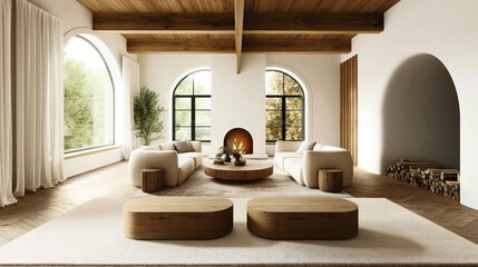 Wall Mural - Elegant modern living room interior with arched windows and a central fireplace