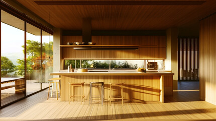 Poster - Modern kitchen with wooden design overlooking a scenic lush landscape through large glass windows.