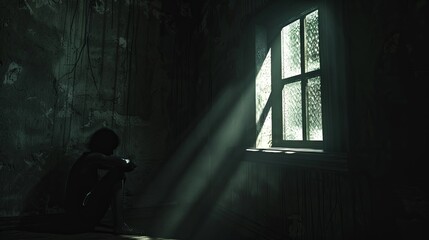 Poster - A person sits alone in a dimly lit room, their face partially hidden in shadows. A single ray of light streams through a window, casting a stark contrast against the darkness. Generative AI