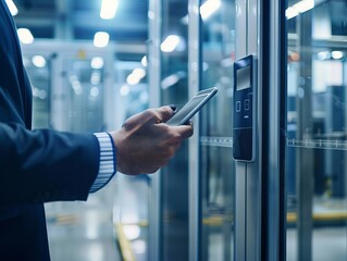 Canvas Print - A person in a suit operates a smartphone by server racks, a modern tech background ideal for a best-seller abstract concept