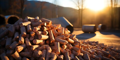 Wall Mural - Stack of wood pellets and firewood next to biomass briquettes in sunlight. Concept Wood Pellets, Firewood, Biomass Briquettes, Sunlight, Outdoor Storage