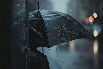 Poster - A person stands alone, hunched under a black umbrella, in the midst of a heavy downpour. The image evokes a sense of melancholy and solitude. Generative AI