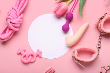 Wall Mural - Blank card, sex toys and tulip flower on pink background