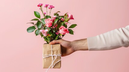 A hand holds a beautifully wrapped bouquet, ideal for a gift-giving concept best-seller background or wallpaper image