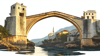 sunset view of the old mostar bridge in bosnia and herzegovina isolated on white background, hyperrealism, png