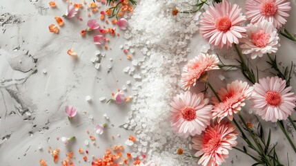 Canvas Print - Composition of sea salt and flowers in a spa setting on a light gray surface