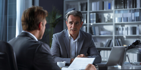 Business meeting in a modern office setting with two professional men discussing documents. The background features shelves with books and folders, creating a formal and focused atmosphere.